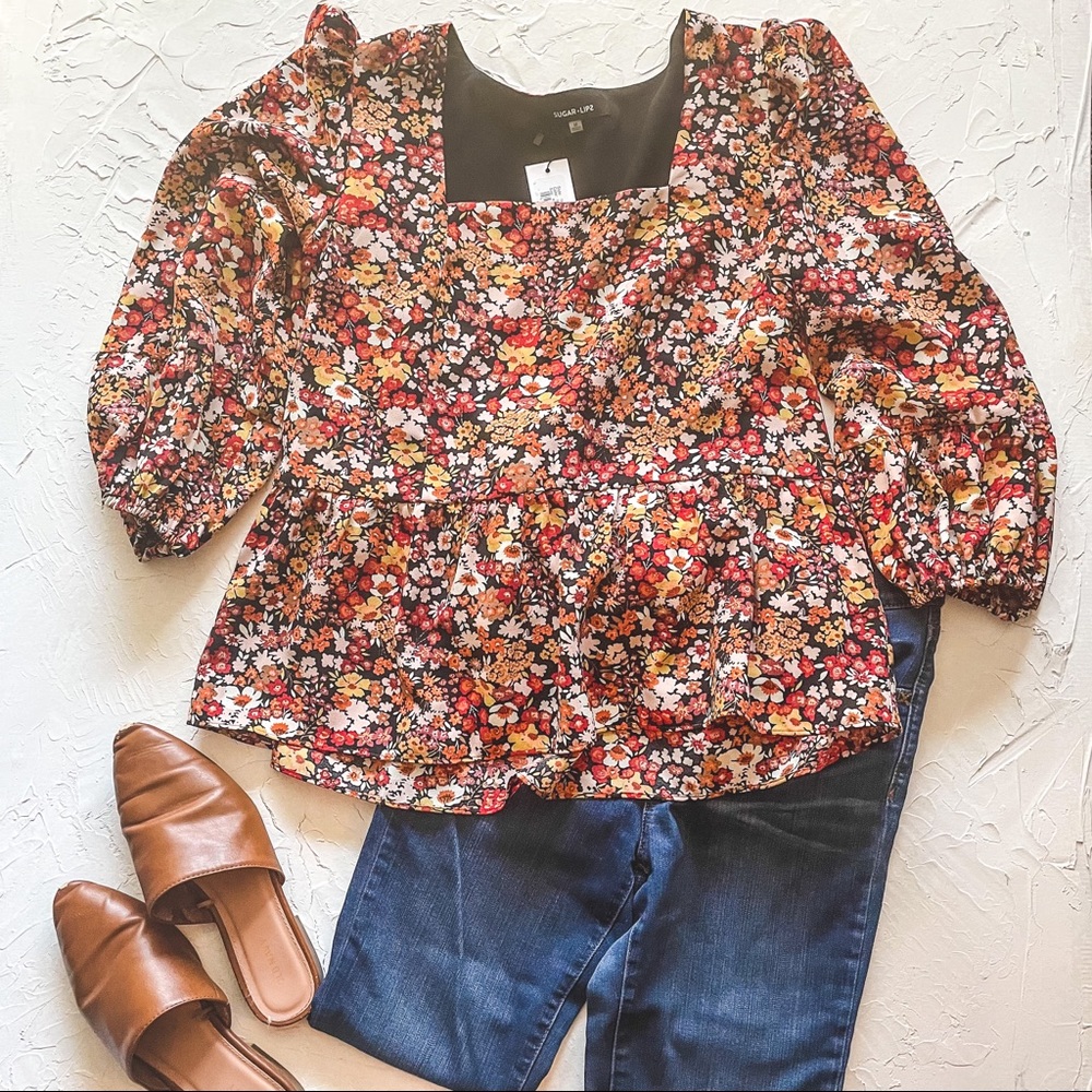 Sugar Lips Floral Shirt subtle peplum balloon sleeves nwt